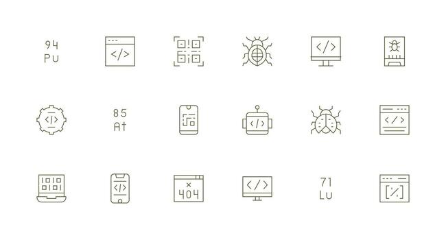 Code including 18 Minimal Line Illustrations Responsive Icon Set for Flexible Layouts vector