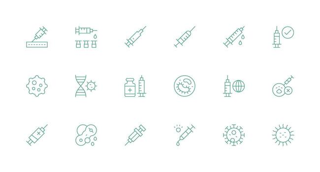18 mínimo línea vectores para vacuna tema agudo íconos para presentaciones