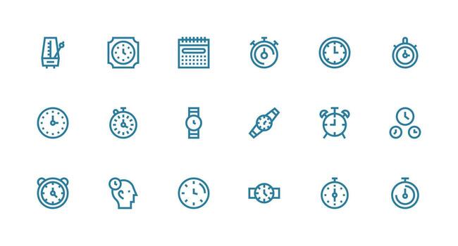 Timekeeping Visual Pack containing 18 Strong Stroke Line Icons User Interface Icons for Digital Products vector