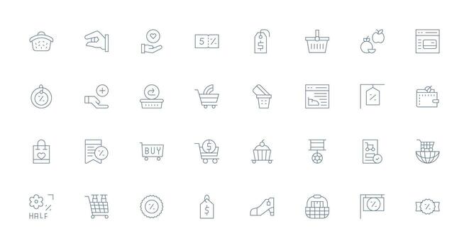 compras carro icono conjunto con 32 Delgado línea gráficos mínimo icono paquete vector