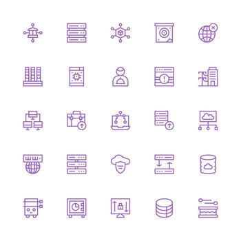 servidor conjunto con 25 medio carrera contorno íconos plano icono conjunto vector