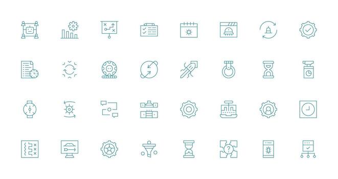 proceso incluso 32 Delgado línea ilustraciones web y aplicación icono paquete colección vector