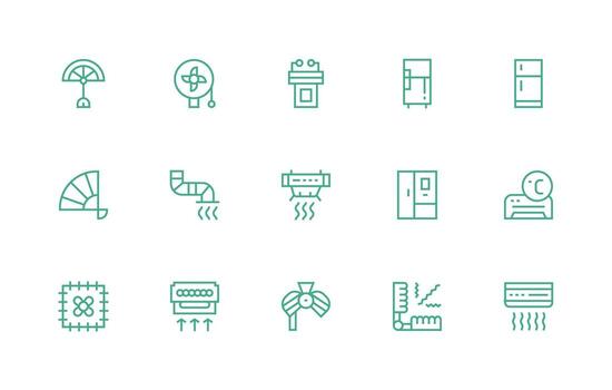Cooling featuring 15 Icons in Regular Line Design Clear and Concise Icon Set Collection vector