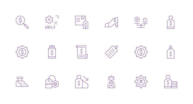 18 íconos para fijación de precios en mínimo línea formato completar icono haz para web diseño vector