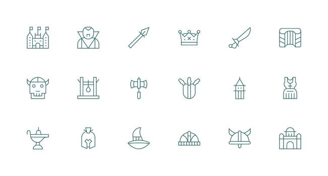 Medieval Set with 18 Minimal Line Icons Essential Icon Collection vector