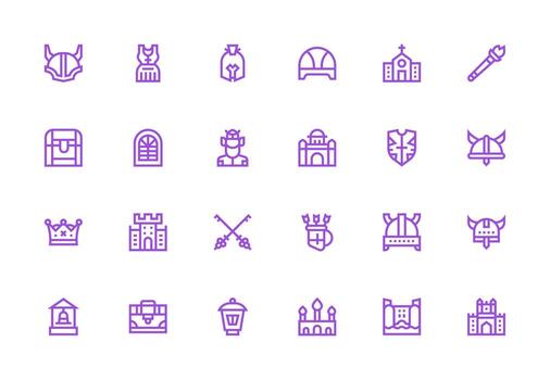 grueso línea línea estilo medieval íconos con 24 vectores completamente editable icono conjunto para web