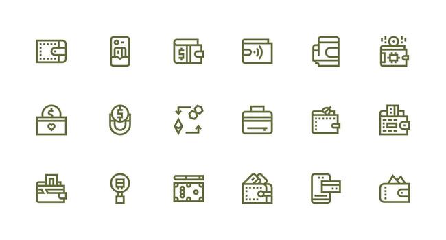 Wallet including 18 Strong Stroke Line Illustrations Icons Built for Visual Consistency Pack vector