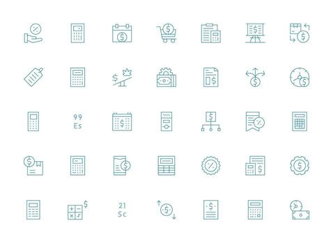 costo presentando 35 íconos en ligero línea diseño núcleo icono colección para diario Tareas vector