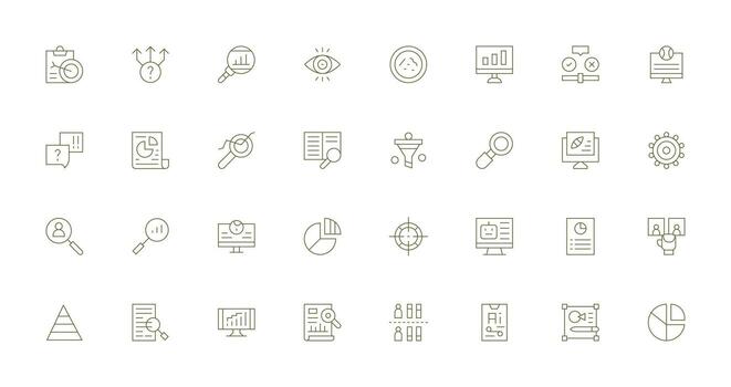 datos análisis icono colección con 32 Delgado línea diseños esencial icono conjunto para equipos vector