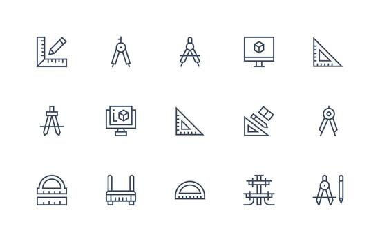 Cad featuring 15 Icons in Regular Line Design Layout Icon Collection vector