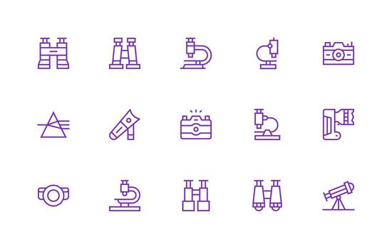 Optics Icon Collection with 15 Regular Line Designs Flexible Icon System for Web Interfaces vector