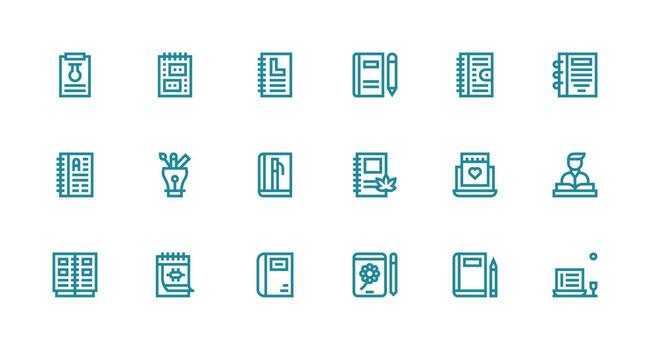 cuaderno presentando 18 íconos en fuerte carrera línea diseño web y aplicación icono paquete colección vector