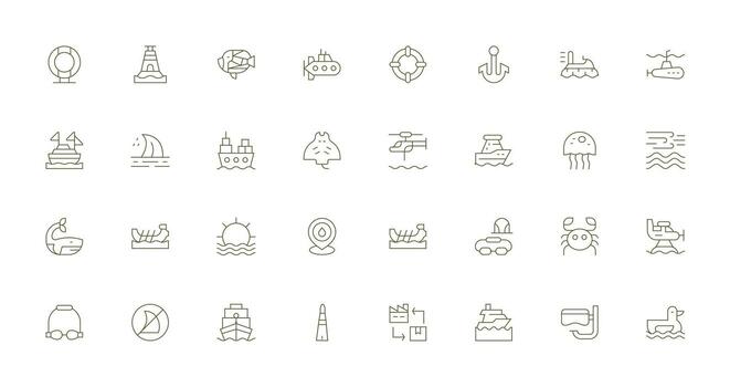 Sea Design Icons featuring 32 in Thin Line Style Fully Editable Icon Set for Web vector