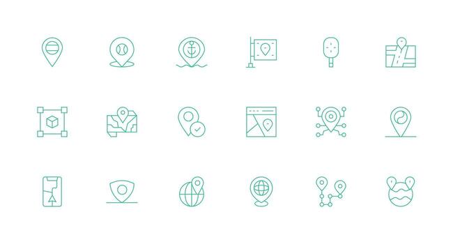 Coordinates Icon Set with 18 Minimal Line Graphics Organized Pack for Project Assets vector