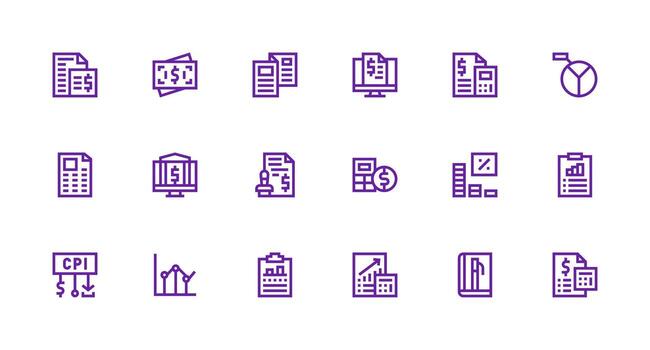 Financial Report Design Icons featuring 18 in Strong Stroke Line Style Minimal Icon Set for Interface Projects vector