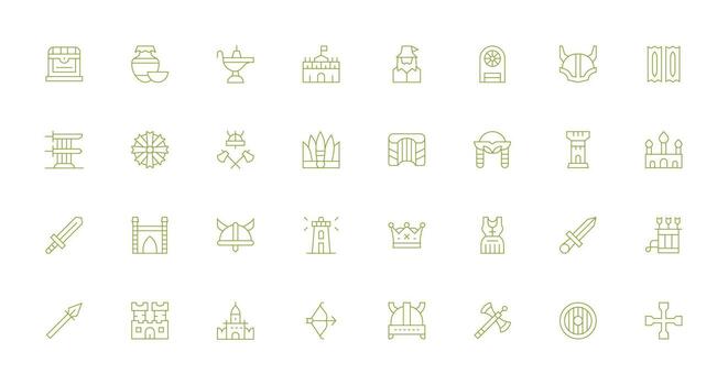 32 íconos para medieval en Delgado línea formato ligero icono serie para rápido prototipos vector