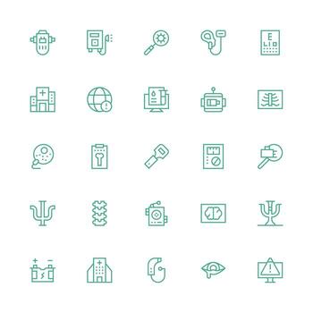 diagnóstico diseño íconos presentando 25 en medio carrera contorno estilo limpiar icono colección para web utilizar vector