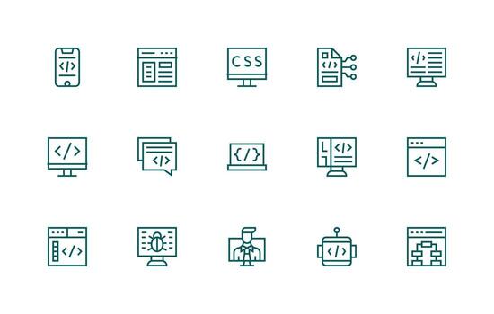 Coding Visual Pack containing 15 Regular Line Icons Fully Editable Icon Set for Web vector