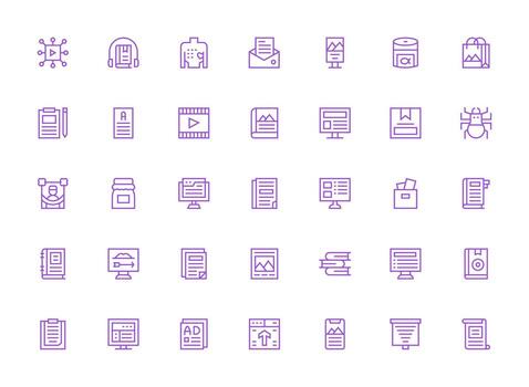 Content Icon Set with 35 Regular Clean Line Graphics Editable Icon Collection vector
