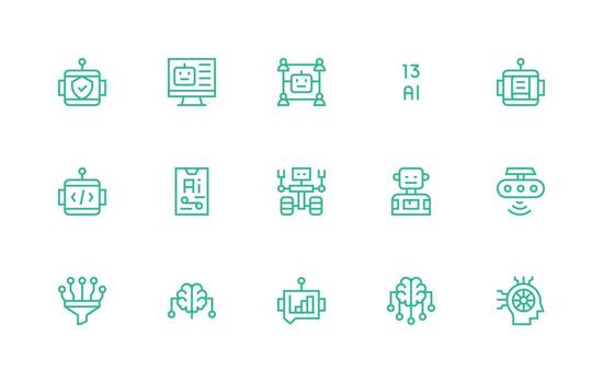 Machine Learning Design Icons featuring 15 in Regular Line Style Multi-Purpose Icon Pack for Templates vector