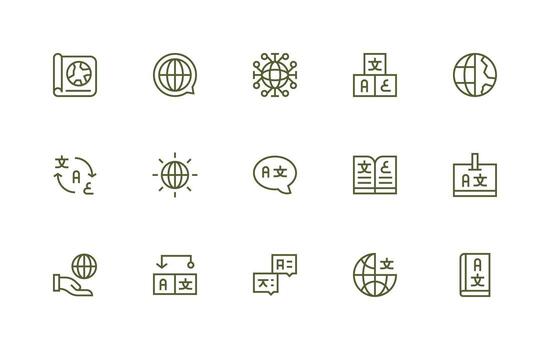 Multilingual Icon Set with 15 Regular Line Graphics Outline Icon Pack vector
