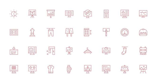 monitor presentando 32 íconos en Delgado línea diseño esencial icono conjunto para equipos vector