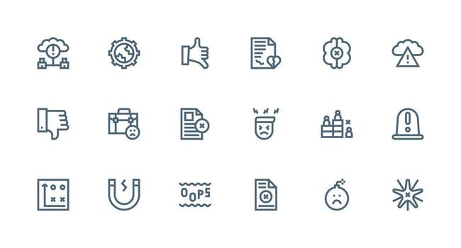 Failure Visual Pack containing 18 Strong Stroke Line Icons Clear and Concise Icon Set Collection vector