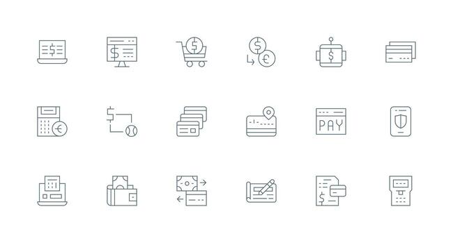18 íconos para pago Procesando en mínimo línea formato simplificado icono paquete para visual herramientas vector
