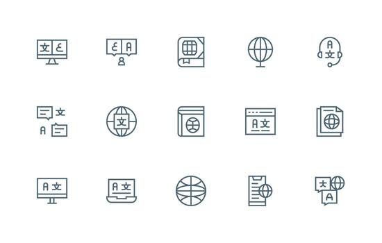 15 Multilingual Icons in Regular Line Aesthetic User Interface Icons for Digital Products vector