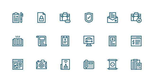 Document including 18 Strong Stroke Line Illustrations Minimal Icon Set for Interface Projects vector