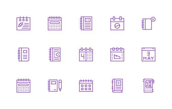 Diary Visual Pack containing 15 Regular Line Icons Essential Icon Set for Teams vector