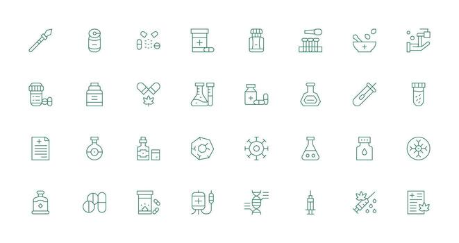 Pharmaceutical Icon Set with 32 Thin Line Graphics Complete Icon Bundle for Web Design vector