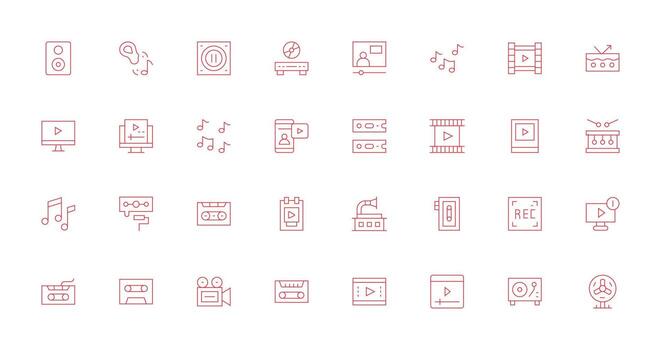 reproducción icono conjunto con 32 Delgado línea gráficos flexible icono sistema para web interfaces vector