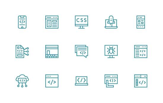 Coding Design Icons featuring 15 in Regular Line Style Style Icon Set vector