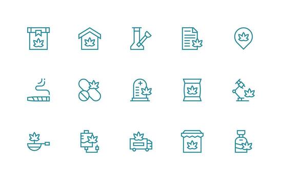 Marijuana Icon Collection with 15 Regular Line Designs Responsive Icon Set for Flexible Layouts vector