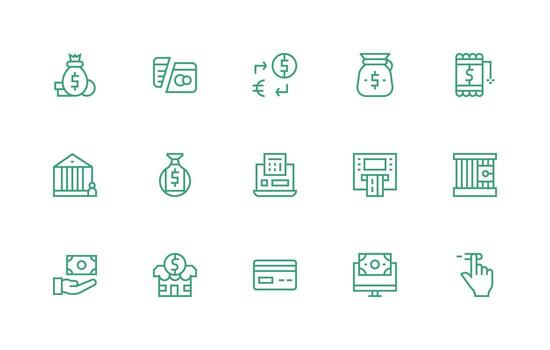 Banking Design Icons featuring 15 in Regular Line Style Versatile Icon Collection for Designers vector