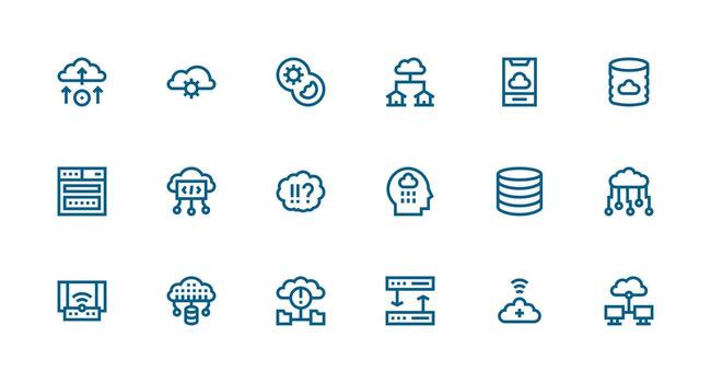 nube informática presentando 18 íconos en fuerte carrera línea diseño limpiar icono paquete vector