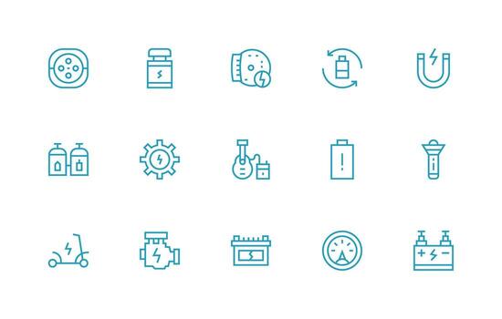 Battery featuring 15 Icons in Regular Line Design Layout Icon Collection vector