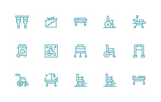 Wheelchair Design Icons featuring 15 in Regular Line Style Neat Icon Set vector