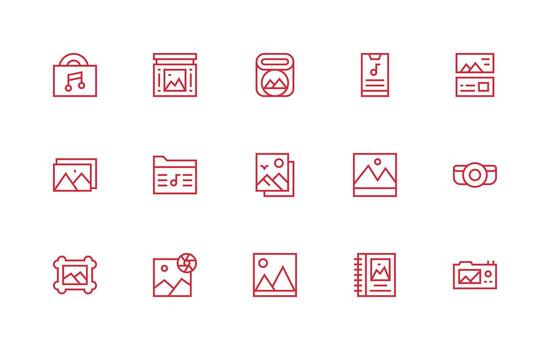 Album Design Icons featuring 15 in Regular Line Style Complete Icon Set for Mobile Apps vector