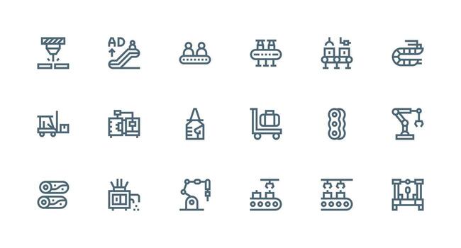 Conveyor Visual Pack containing 18 Strong Stroke Line Icons Icons Built for Visual Consistency Pack vector