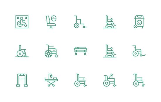 Wheelchair Design Icons featuring 15 in Regular Line Style Reliable Icons for All Interfaces vector
