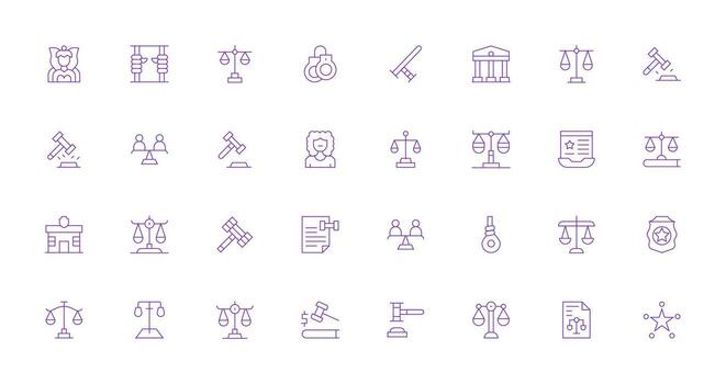 32 Icons for Justice in Thin Line Format Essential Icon Set for Teams vector