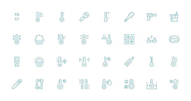 32 Delgado línea íconos para termómetro gráficos bien estructurado íconos para creativo utilizar vector