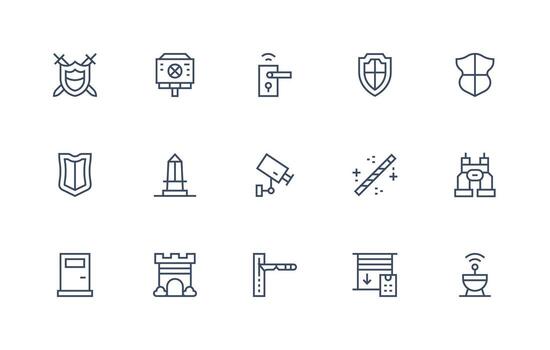 Security System Design Icons featuring 15 in Regular Line Style Essential Icon Collection vector