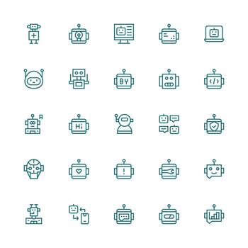 25 íconos para robot en medio carrera contorno formato icono paquete vector
