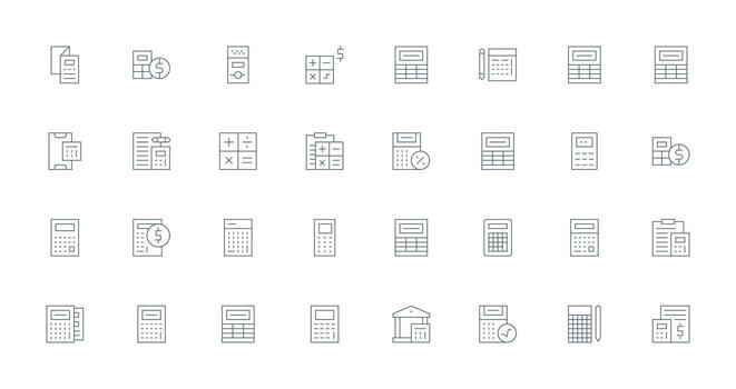 calculadora visual paquete conteniendo 32 Delgado línea íconos reutilizable icono conjunto vector