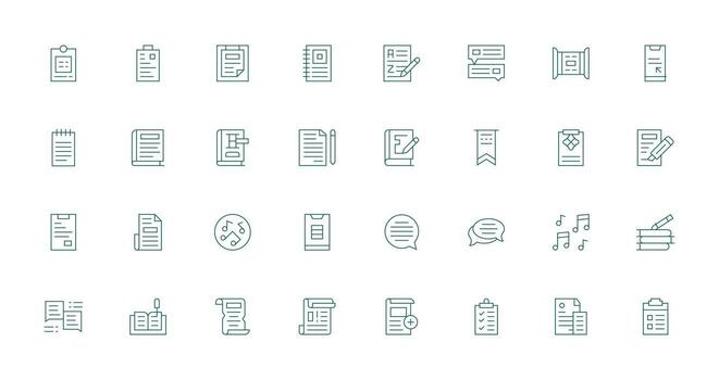 notas presentando 32 íconos en Delgado línea diseño ligero icono serie vector