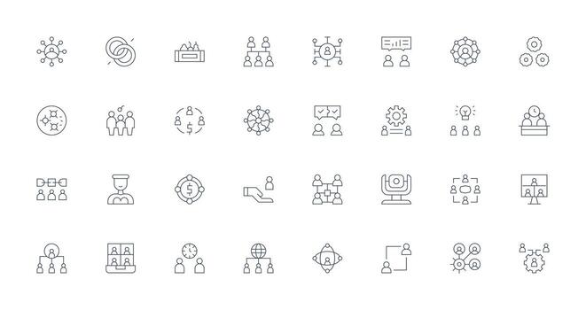 Collaboration Visual Pack containing 32 Thin Line Icons Scalable Icons for Cross-Platform Interfaces vector