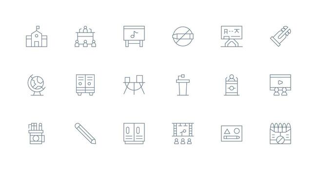 salón de clases presentando 18 íconos en mínimo línea diseño íconos construido para visual consistencia paquete vector